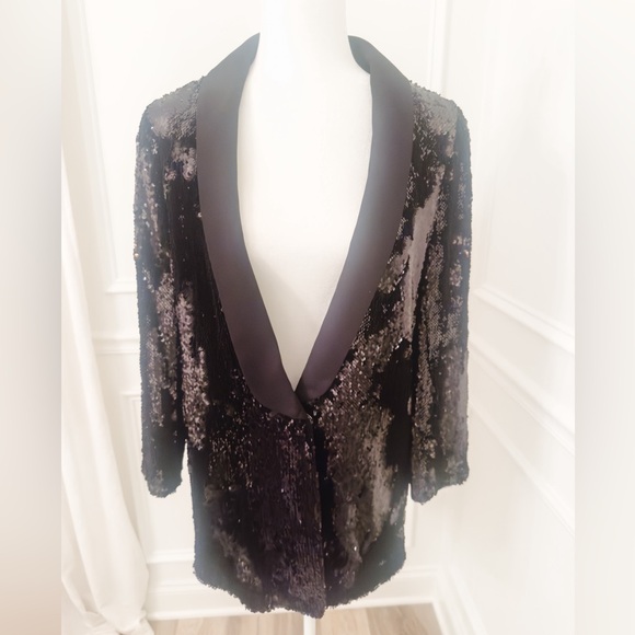 NWT Anthropoogie Cartonnier Black Sequined Tuxedo Blazer - Picture 2 of 10